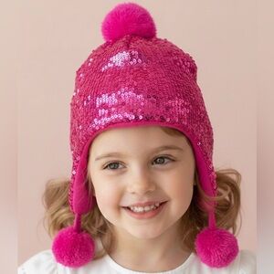Pink Sequin Pom Beanie